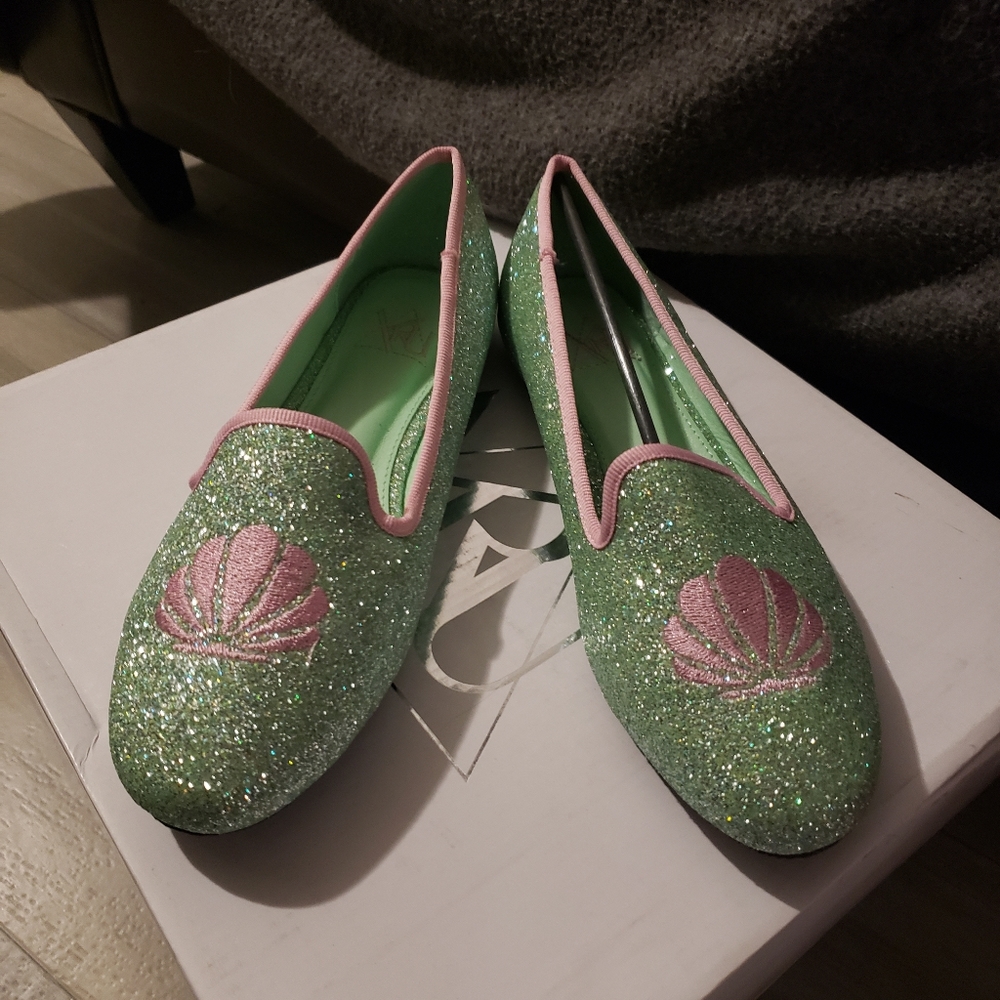 Yru lavish mermaid green glitter seashelle ballet flats